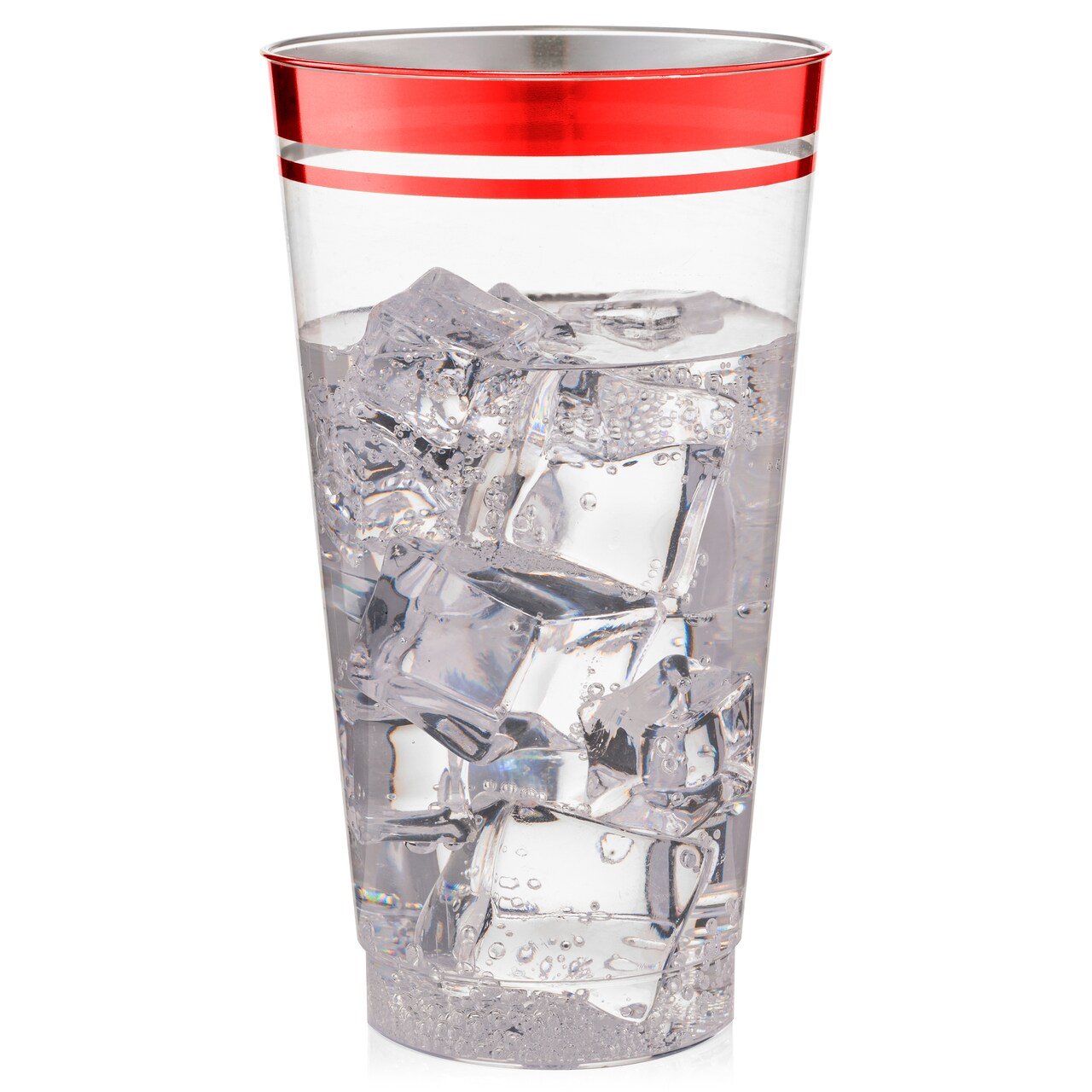 100 Pk 16 oz Clear Plastic Cups, Red Rimmed Disposable Cups